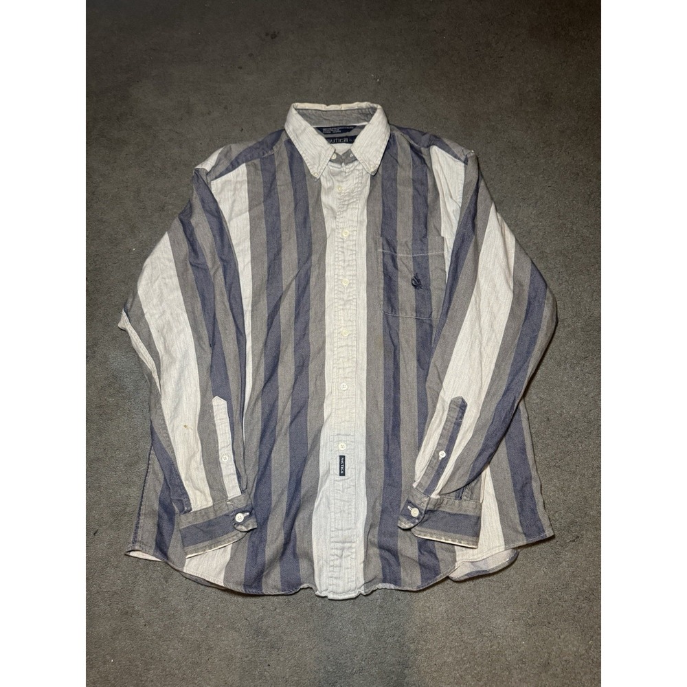 Nautica Striped Button Up Shirt Mens Large Blue White Long Sleeve Cotton